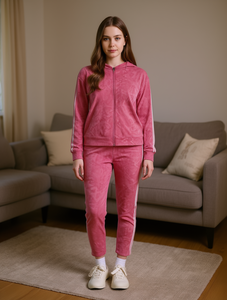 Tuta in pile rosa tie-dye da donna con cappuccio e cerniera, maniche lunghe, pantaloni casual a lunghezza caviglia con tasche laterali, ideale per l'autunno - Product Image 2