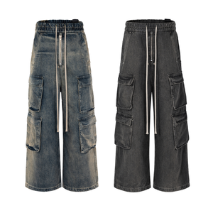 Jean cargo ample et léger pour homme, style vintage, en denim délavé, coupe large, avec cordon de serrage et poches zippées, streetwear - Product Image 1