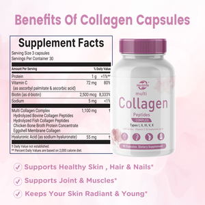 แคปซูลคอลลาเจนเปปไทด์หลายชนิด Haccp OEM สำหรับผู้หญิงและผู้ชาย โปรตีนเปปไทด์ไฮโดรไลซ์ พร้อมกรดไฮยาลูโรนิกและวิตามินซี - Product Image 2