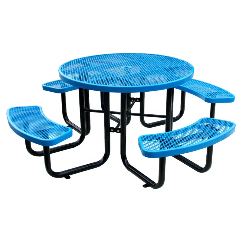 Table de pique-nique commerciale ronde en acier thermoplastique pour extérieur Banc Restaurant Mobilier d'extérieur Table à manger en métal avec parapluie