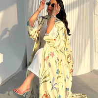Ensemble Abaya élégant imprimé deux pièces avec cardigan kimono et foulard assorti, grande taille, robe islamique modeste, ensemble de robe bohème modeste