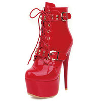 Bottines d'hiver pour femmes, à fermeture éclair, couleur unie, talons très hauts, bout en cuir verni, noir, blanc, rouge, chaussures de club, grande taille 48