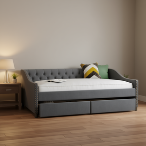 Divano letto imbottito grigio a grandezza naturale con supporto a doghe in legno e due cassetti, modello D0100HPII0V - Product Image 2