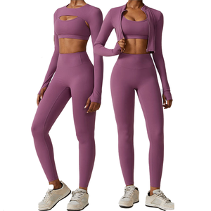 Conjunto Deportivo de 2 Piezas para Mujer, Transpirable, de Cintura Alta, para Gimnasio, Top Corto con Sujetador Deportivo, Mallas, Chaqueta de Manga Larga, Otoño Invierno - Product Image 1