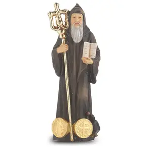 树脂天主教宗教雕像手绘树脂天主教赞助人圣本尼迪克特雕像与祈祷卡，4 英寸