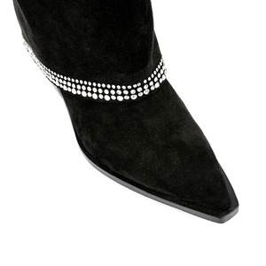 Shark Lock Soft Flock Long Booties Overlay Women's Bling Diamonds Knee High <b>Boots</b> Low Square Heels Shoes Big Size 45 Wide Fit - Product Image 6