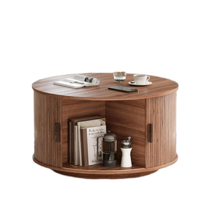Drum Coffee <b>Table</b> Sliding Tambour Door Wood <b>Top</b> Adjustable <b>Stone</b> Base Walnut Brown Mid-Century 1 Year - Product Image 1