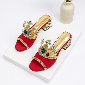 Rivet Diamond Crown Decor Sandals Women Colorful Rhinestone Square <b>Heel</b> Luxury <b>Suede</b> Mules Summer Slide High <b>Heels</b> - Product Image 1