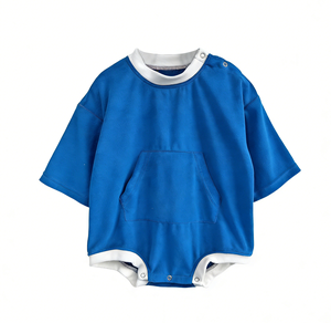 High Quality Romper Baby Clothes Terry Cloth Baby Middle Sleeve Romper Contrast Trim Chest Pocket Toddler <strong>Onesie</strong> for 0-3T - Product Image 5