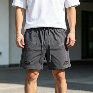 Shorts déchirés gris pour hommes avec cordon de serrage, de haute qualité, personnalisables avec logo sur le devant, en coton décontracté, taille mi-haute, respirants - Product Image 5