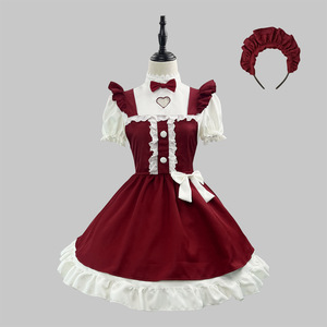 Lolita Maid Outfit Claret Polyester Anime Cosplay Costume Winter 2024 Game Role Playing Dress With Headband - Product Image 1