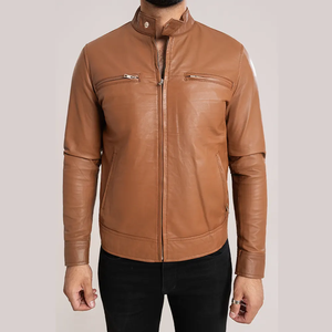 Chaqueta de Cuero Estilo Café Racer para Hombre, Color Marrón, con Cuello Alto, Cierre Frontal con Cremallera, Impermeable, Reversible, de Lujo, Vintage, Corte Ajustado - Product Image 1