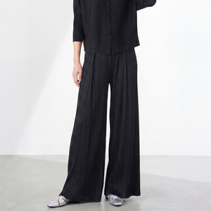 Women's Miyake Plus Size Mid Wide Leg Pleated Long Pants <b>Elastic</b> <b>Waist</b> Loose Slim Casual Spring 100% Polyester Minimalist Style - Product Image 6