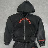 Ensemble de survêtement 2 pièces personnalisé de haute qualité, brodé et imprimé, avec pantalon de survêtement à jambe large à effet déchiré et ourlet effiloché, et sweat à capuche court zippé