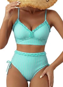 Ensemble bikini femme à pois, taille haute, haut push-up avec volants, en spandex et polyester, maillot de bain 2 pièces style crop top - Product Image 5