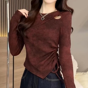 Maglia a maniche lunghe da donna OuYaan 2026, taglie forti, autunnale, girocollo, con design traforato, tie-dye, effetto snellente e modellante in vita - Product Image 1