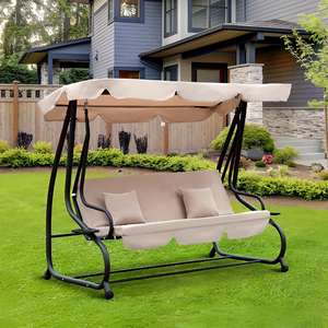 เก้าอี้ชิงช้า 3 ที่นั่ง โครงโลหะสีดำ หุ้มด้วยโพลีเอสเตอร์สีเบจ - Product Image 1