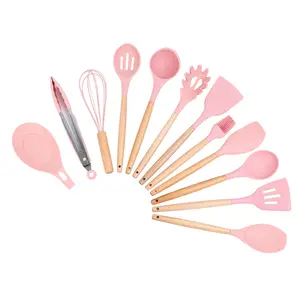 Hot Selling Wooden Kitchen Tool Set Option For Cooking Utensils Free Silicon Pink Black Green Red Colors 20 Sets