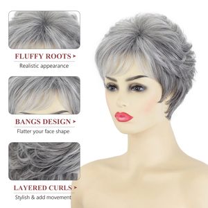 Perruques courtes grises pour femmes blanches, coupe pixie, perruques grises avec <span class=keywords><strong>frange</strong></span>, <span class=keywords><strong>cheveux</strong></span> synthétiques bouclés naturels, perruque courte mixte blanche - Product Image 4