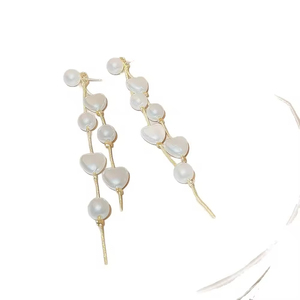 Women's Modern Daily Wear Gold-Plated Round Pearl <b>Heart</b> Stud Earrings Fashion Design With <b>Sweet</b> Long Tassel Made From Alloy - Product Image 3