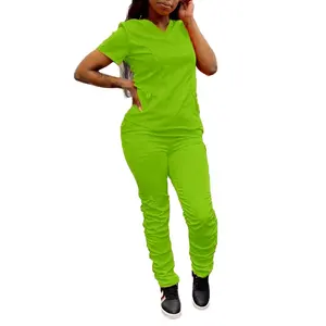 Anti-wrinkle Breathable Elastic Hospital Uniforms Short Sleeve Jogger Quick Dry Nursing Scrubs Women Ruffle Stacked Sets Scrubs