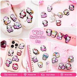 Prêt à expédier – 30 Breloques Croc en PVC souple de qualité supérieure, motif chaton blanc mignon de dessin animé avec nœud et robe rose, pour voiture, vélo, tasse à thé - Product Image 5