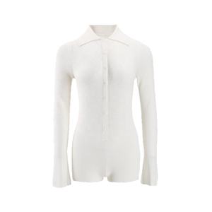 Camiseta de Mujer, Blanca, de Punto Acanalado, Lino/Algodón, Sexy, Transpirable, Ajustada, Manga Larga, Cuello con Botones, Puños Acampanados, Primavera - Product Image 1