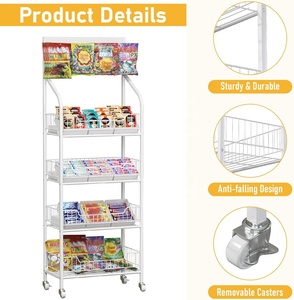 Supermarché Vente Au Détail Bonbons Snack Présentoir À 4 Niveaux En Métal Blanc Étagère De Rangement Supports Avec Roues Pour Garde-Manger Cuisine - Product Image 3