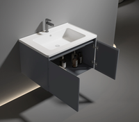Set Meja Rias Kamar Mandi Minimalis Modern yang Dipasang di Dinding dengan Kabinet Cermin LED Pintar Abu-abu Tua, Lemari Penyimpanan, Wastafel Keramik untuk Hotel Villa