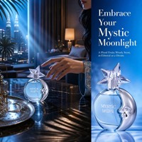 Parfum MYSTIC MOON LADY, design unique en forme de croissant de lune argenté, floral, fruité, boisé, longue tenue, coffret cadeau EDP