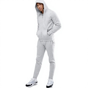 Ensemble de survêtement pour homme avec capuche, sweat-shirt et pantalon à fermeture éclair, couleur unie, respirant, en coton, pour l'hiver - Product Image 1
