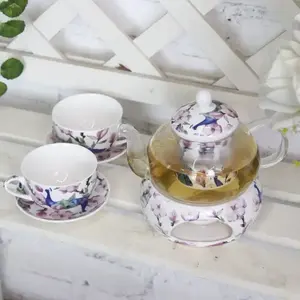 Glass tea pot ceramic base Candle heat resistant with filter best lid Custom flower design logo color daily use Afternoon tea