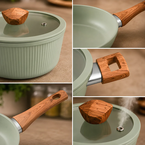 Ensemble de casseroles et poêles de haute qualité avec couvercles en verre, poignées en bois doux au toucher, revêtement céramique antiadhésif, compatible induction, en alliage d'aluminium forgé pour four - Product Image 2