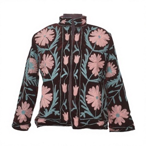 Blouson en velours pour femme, broderie florale, col mandarin, manches longues, fermeture éclair, fait main, automne - Product Image 3