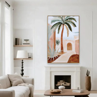 Tableau sur toile Oase Tropicale Simple : Peinture Murale Arbre Vert, Palmiers et Cour Marocaine