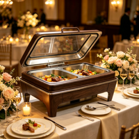 Plat de service réchaud en acier inoxydable de qualité alimentaire, motif grain de bois, avec couvercle en verre trempé, design rétro, grande capacité, pour buffet
