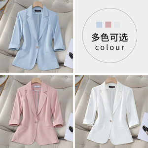 Women's Blazer Three Quarter Sleeve Lightweight Solid Color Breathable Summer Suit Jacket For Petite Women - Product Image 1