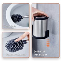 Brosse de toilette anti-éclaboussures en acier inoxydable avec couvercle rabattable et tête en silicone, support mural inclus pour salle de bain domestique