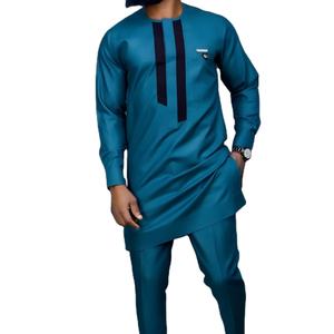 Chaqueta larga y pantalones de estilo étnico africano, conjunto de traje de cuello redondo para hombre de Color sólido, camisa azul musulmana de 2 piezas, atuendo Dashiki - Product Image 1