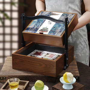 Wooden Mid Autumn Festival <b>Gift</b> <b>Box</b> Double Layer Portable Storage For Chinese Pastry Tea <b>Cake</b> Gifting Rectangle 16.2cm - Product Image 1