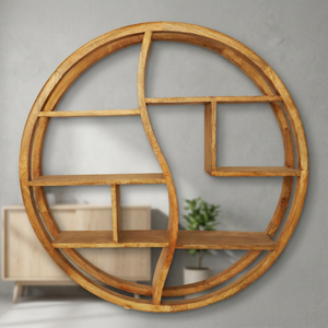 Handcrafted Wooden Stainless Steel Circular <b>Wall</b> <b>Shelf</b> Natural Honey Brown-Modern Living Room <b>Wall</b> Decor - Product Image 2