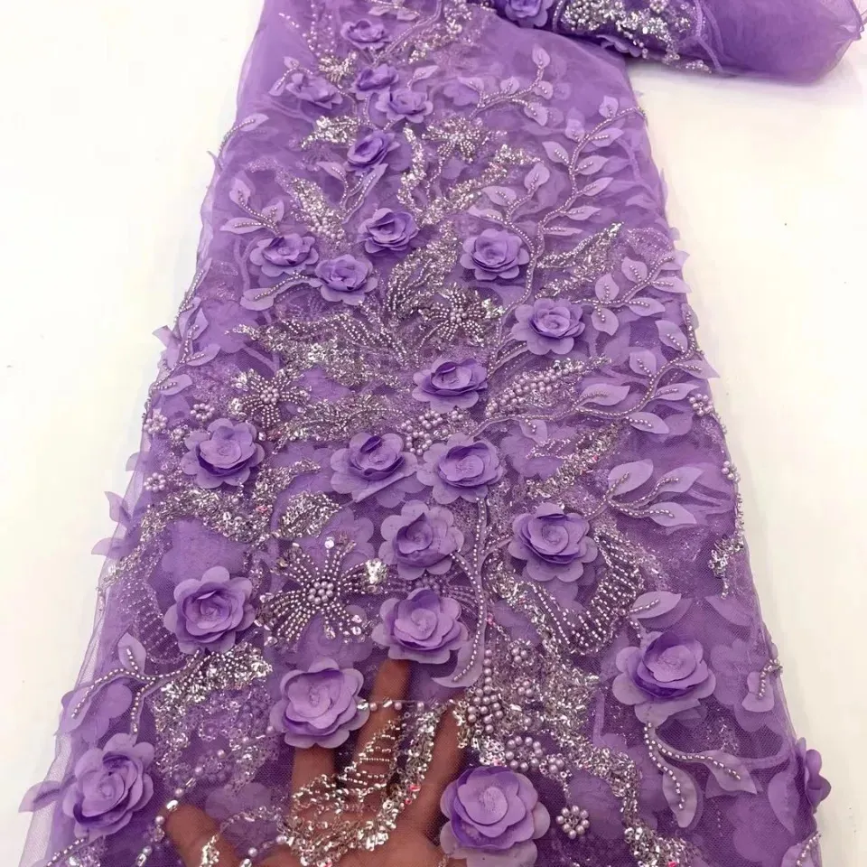 LS154 vestido de novia tela de encaje 3D flor con cuentas lentejuelas bordado Malla tela de gasa