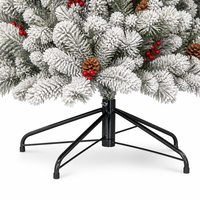 Sapin de Noël artificiel floqué de 2,10 m, effet neige, avec baies rouges, pommes de pin et support métallique pliable