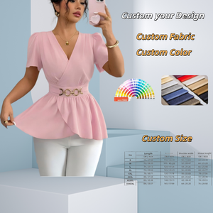 <span class=keywords><strong>Blusa</strong></span> Peplum Personalizada para Mujer con <span class=keywords><strong>Cuello</strong></span> en V y Hebilla Metálica en la Cintura, Top Elegante de <span class=keywords><strong>Manga</strong></span> Corta - Product Image 1