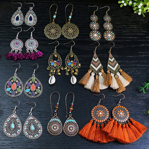 Boucles d'oreilles pendantes bohèmes à pampilles en alliage pour femme, ensemble de bijoux fantaisie pour soirée, plaqué bronze antique, sertissage clos en alliage de zinc - Product Image 2