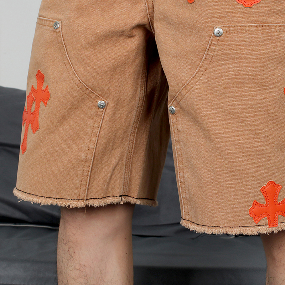 Custom Denim Shorts with Leather Cross Patchwork