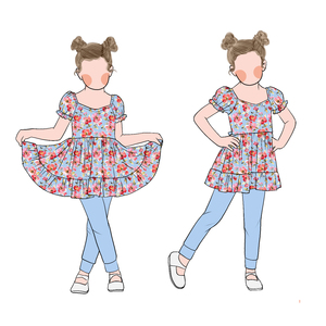 Sweet Candy Style Cute Cartoon <strong>Print</strong> Summer Floral Puff Sleeves Twirl Dress Matching Solid <strong>Leggings</strong>