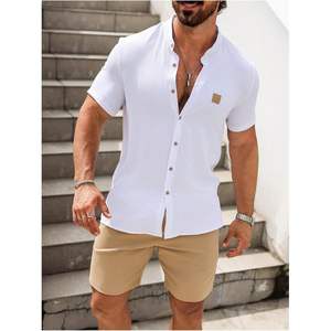 Conjunto de camisa informal con botones y pantalones cortos con cordón para hombre, conjunto de 2 piezas de verano, transpirable, de algodón tejido - Product Image 4