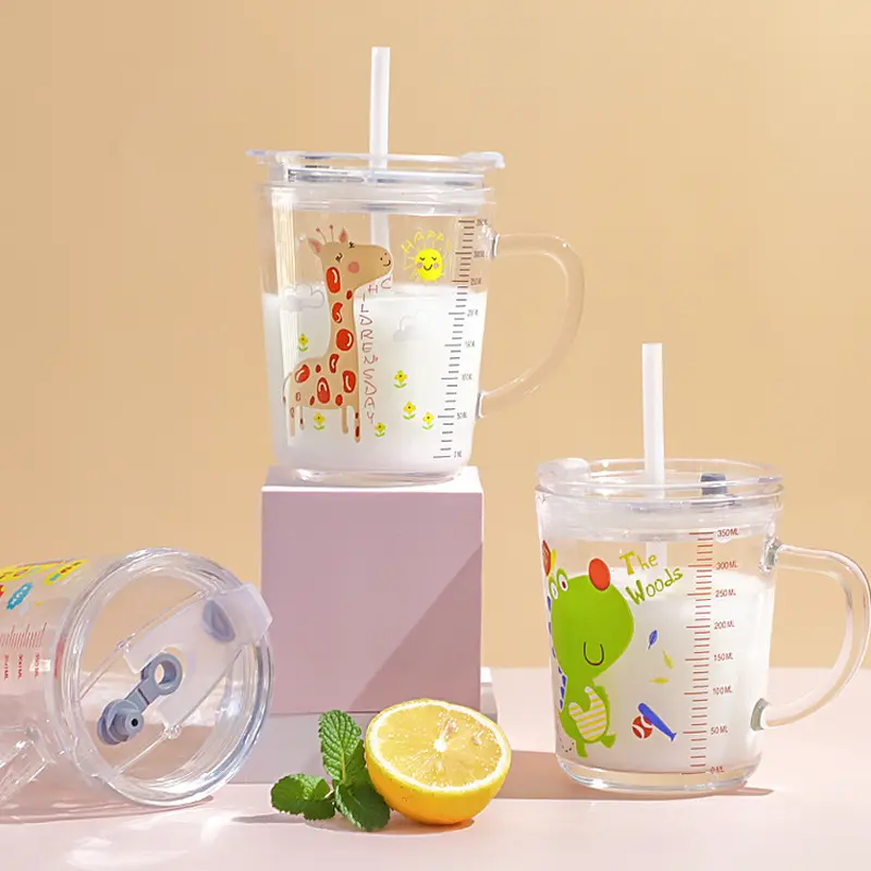 Mug Susu Kartun 350Ml Botol Minum 12Oz Seri Hewan Kustom Feiyou dengan Tutup dan Sedotan