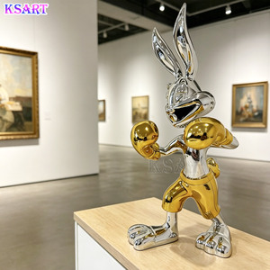 Scultura di Coniglio Pugile Dipinta a Mano e Galvanizzata, Animale Creativo in Stile Cartone Animato per Gallerie, Soggiorni e Decorazioni Domestiche, Artigianato in Resina - Product Image 3